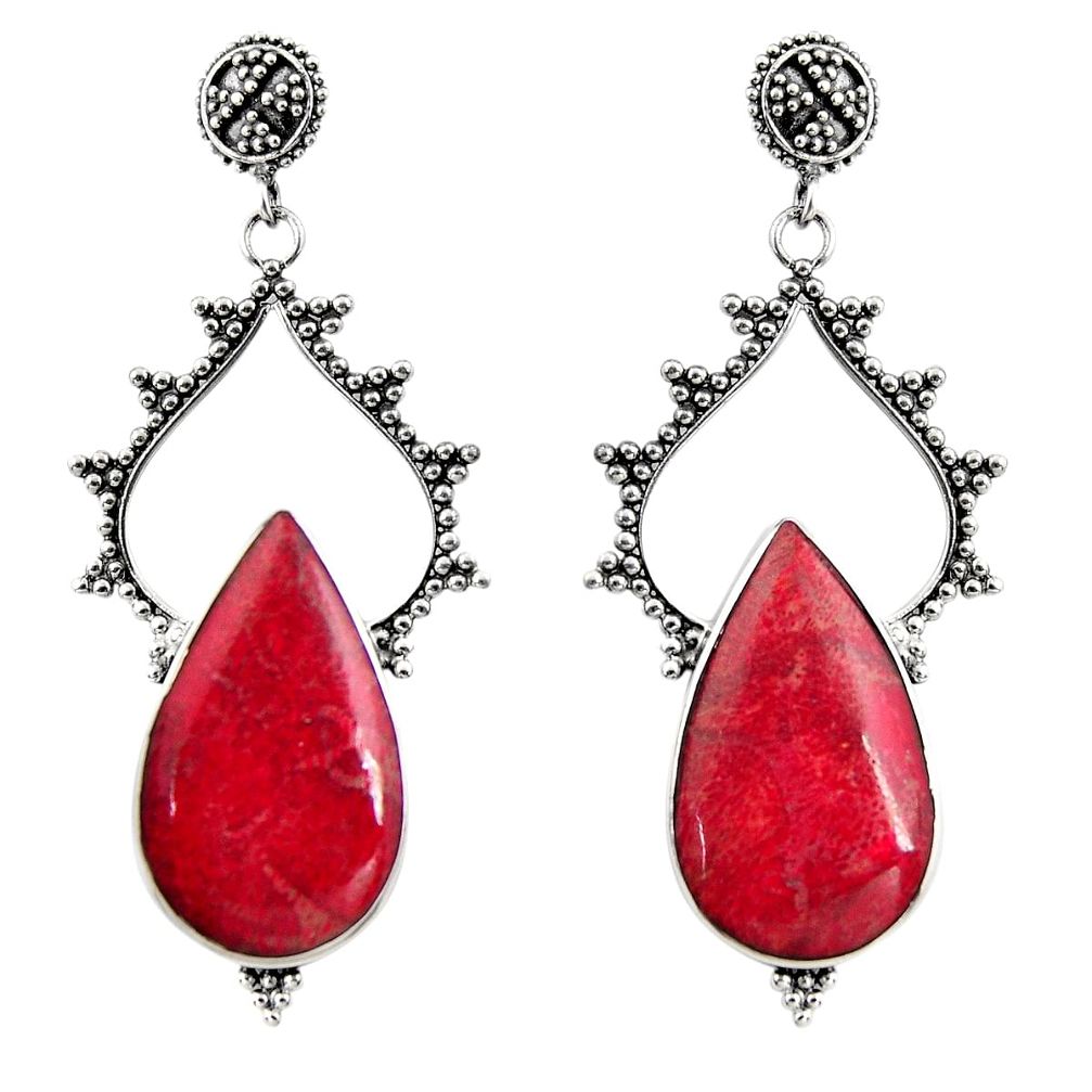 925 sterling silver 20.02cts natural red sponge coral dangle earrings c6340