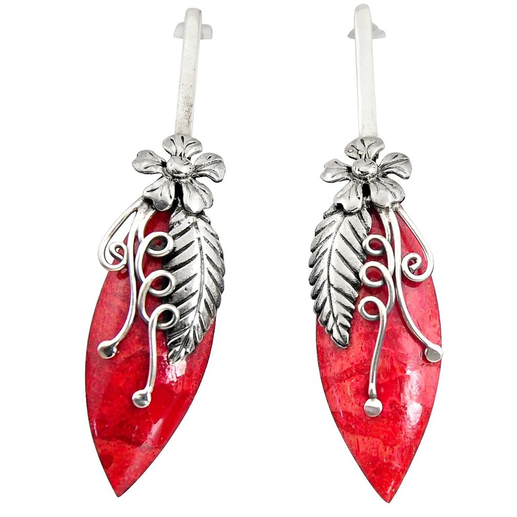 15.60cts natural red sponge coral 925 sterling silver dangle earrings c7473