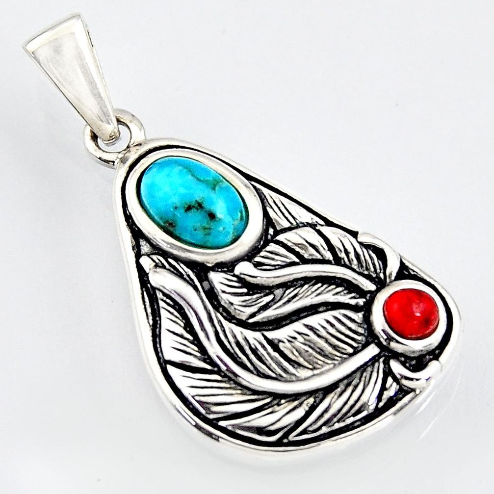 1.12cts southwestern blue copper turquoise red coral 925 silver pendant c5625