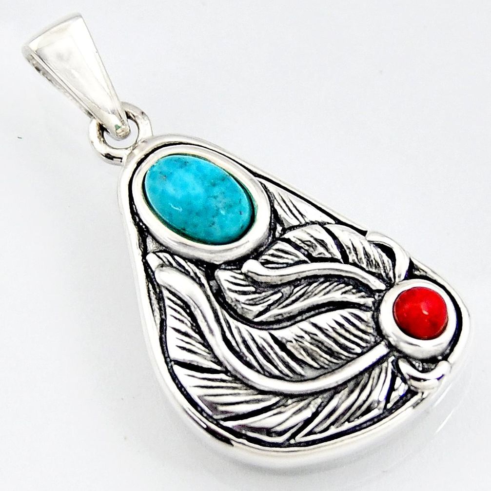 1.06cts southwestern blue copper turquoise coral 925 silver pendant c5654