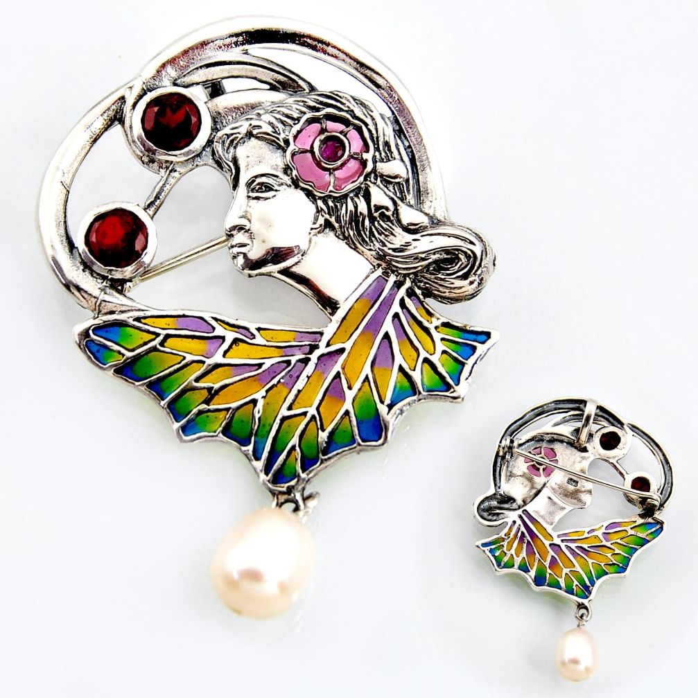 925 silver art nouveau natural white pearl garnet enamel brooch pendant c5867