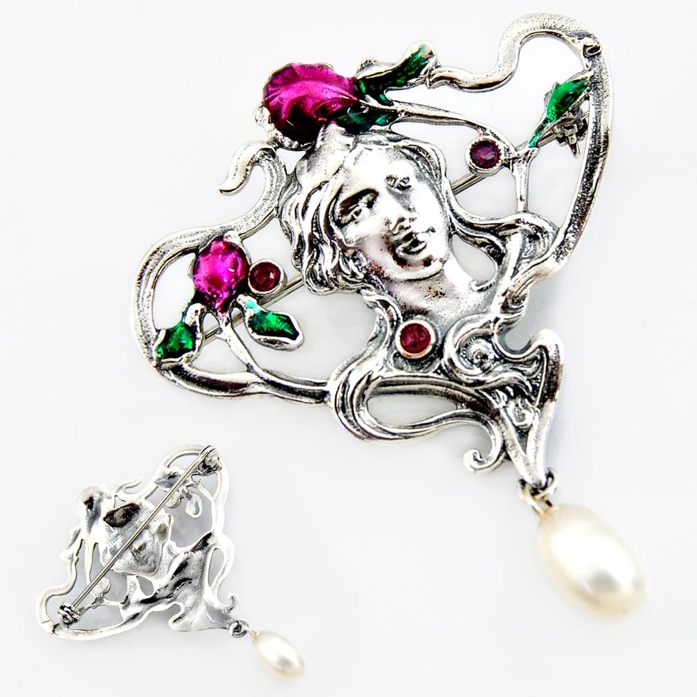 5.09cts art nouveau natural white pearl ruby enamel silver brooch pendant c5869