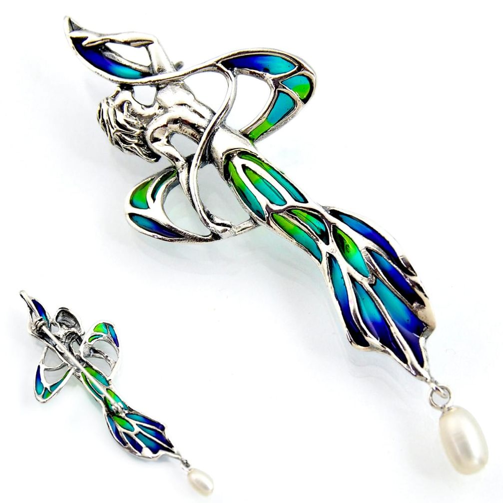 3.08cts art nouveau natural white pearl enamel 925 silver brooch pendant c5873