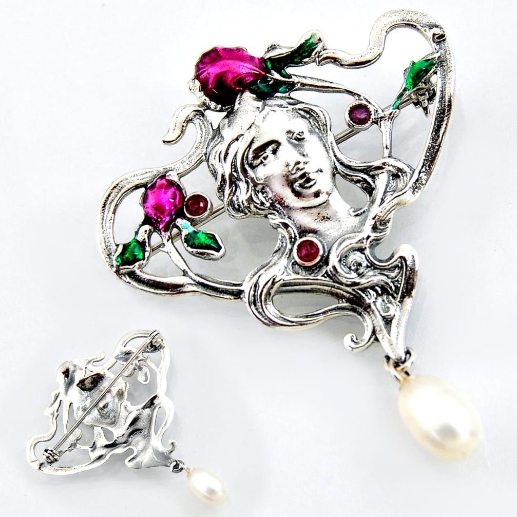 Art nouveau natural white pearl ruby enamel 925 silver brooch pendant c5901