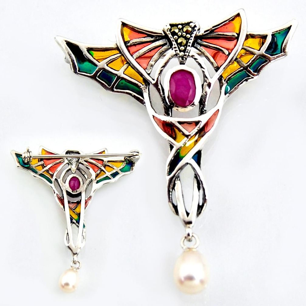 Art nouveau natural white pearl ruby enamel 925 silver brooch pendant c5904