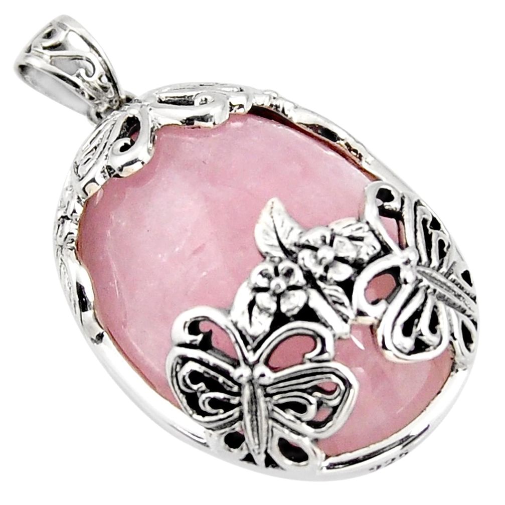 34.80cts natural pink rose quartz 925 sterling silver butterfly pendant c6843