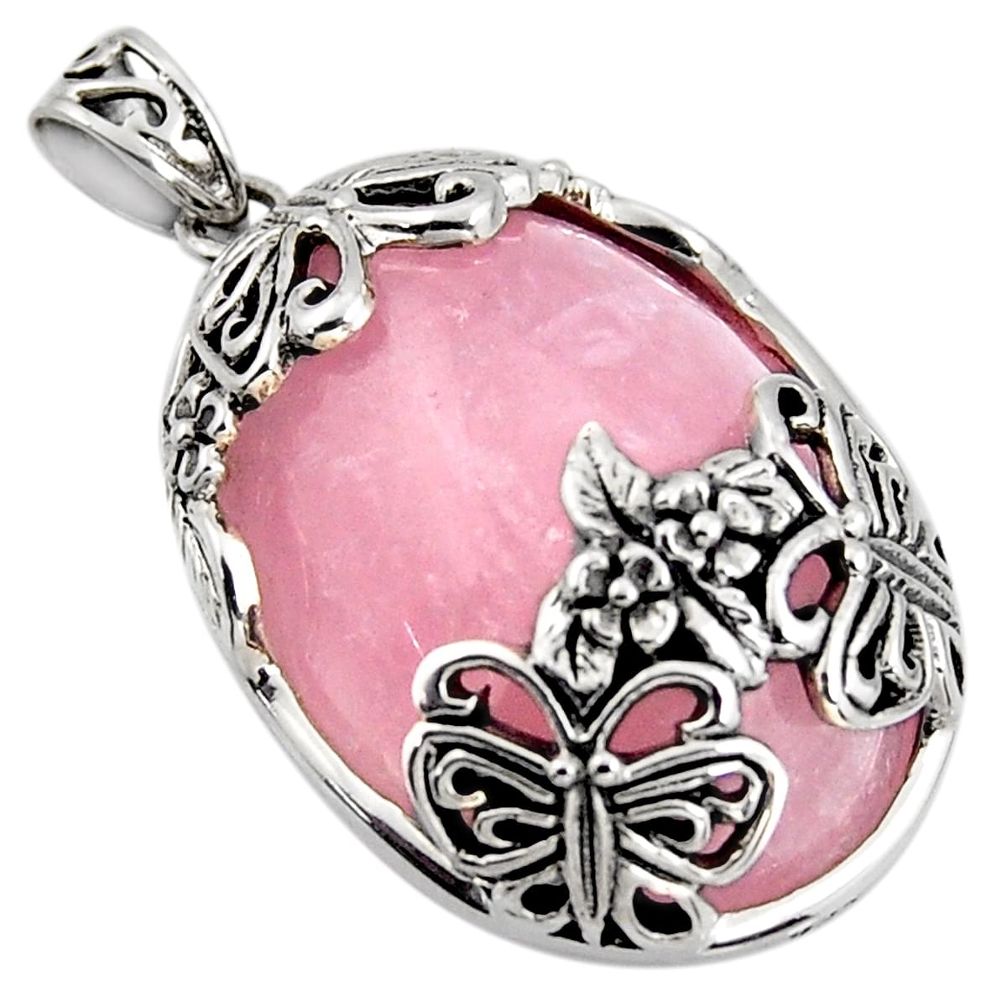34.26cts natural pink rose quartz 925 sterling silver butterfly pendant c6845