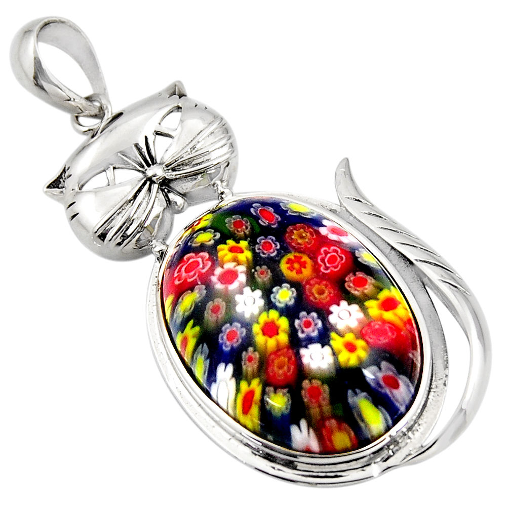 925 sterling silver 32.15cts multi color italian murano glass cat pendant c6858