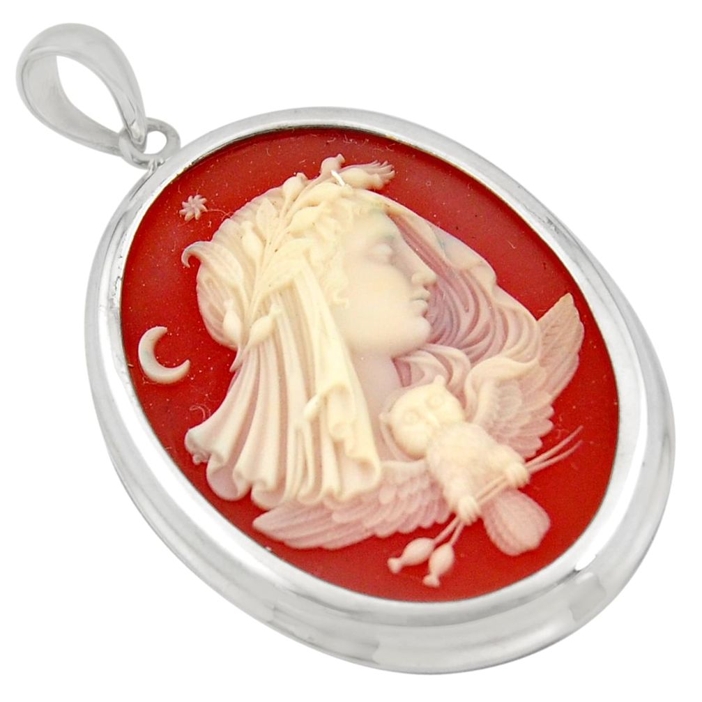 25.19cts white lady owl cameo 925 sterling silver pendant jewelry c6864