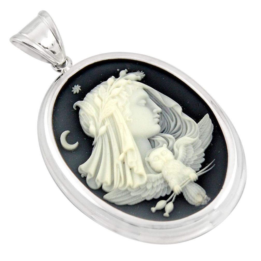 25.71cts white lady owl cameo 925 sterling silver pendant jewelry c6878