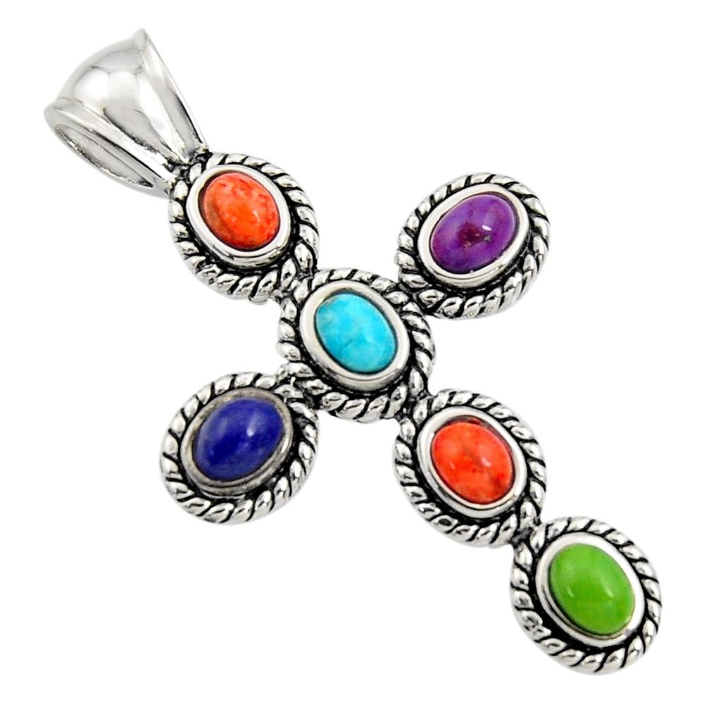 4.86cts southwestern multi color copper turquoise 925 silver cross pendant c7202