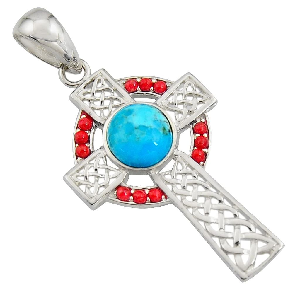4.21cts blue arizona mohave turquoise coral 925 silver holy cross pendant c7206