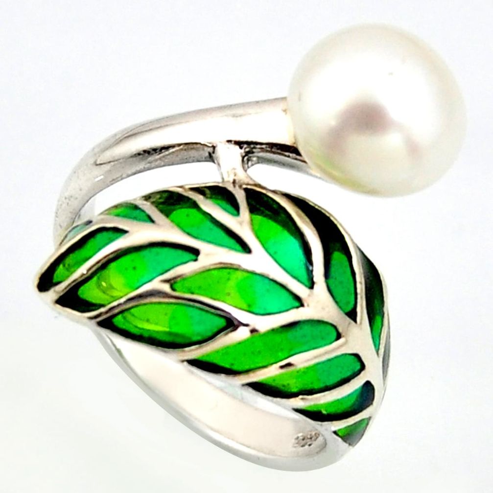 5.38cts natural white pearl enamel 925 sterling silver ring size 7.5 c5781