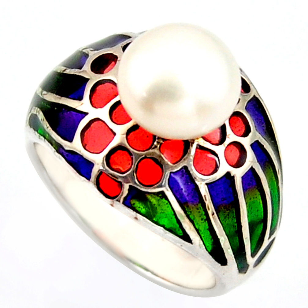 4.92cts natural white pearl round enamel 925 sterling silver ring size 7.5 c5785