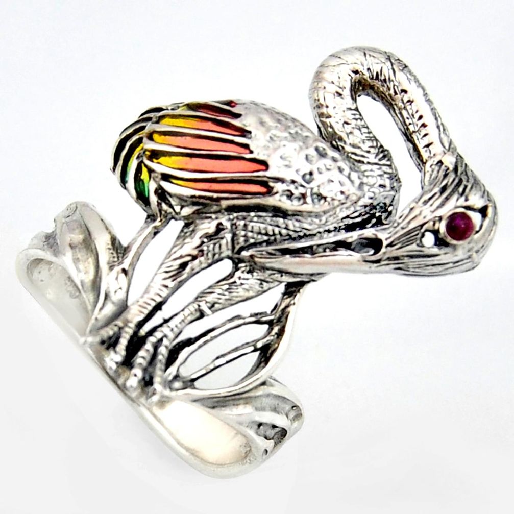 0.13cts natural red ruby enamel 925 silver flamingo ring jewelry size 8.5 c5790