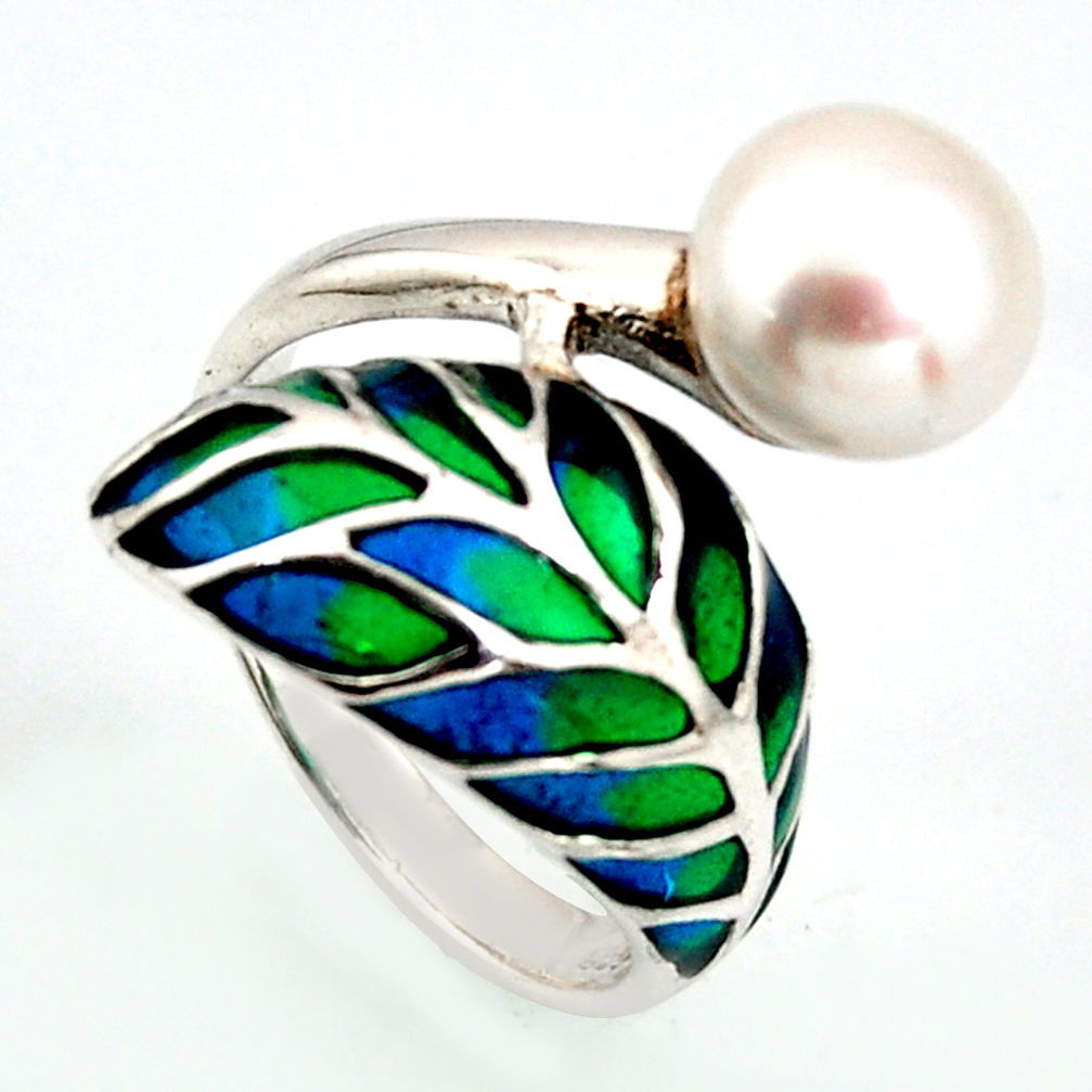 4.68cts natural white pearl enamel 925 sterling silver ring size 7.5 c5799