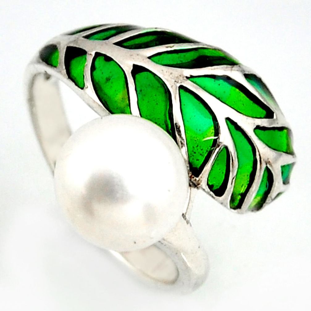 925 sterling silver 4.93cts natural white pearl enamel ring size 7.5 c5800
