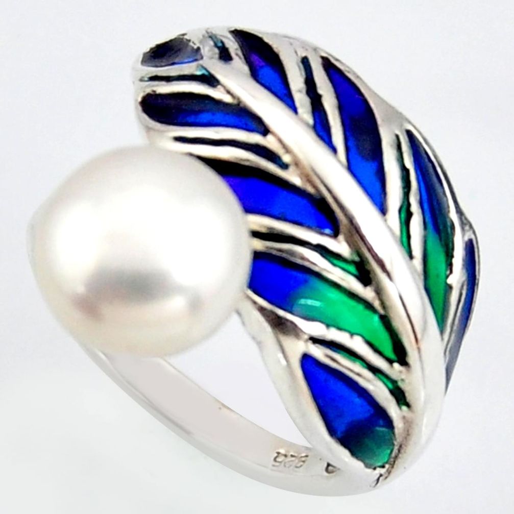 5.12cts natural white pearl enamel 925 sterling silver ring size 6.5 c5803