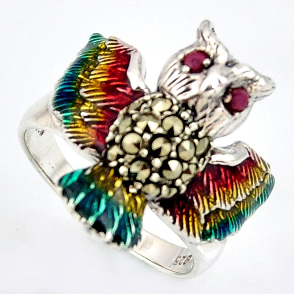 0.22cts natural red ruby marcasite enamel 925 silver owl ring size 7.5 c5808