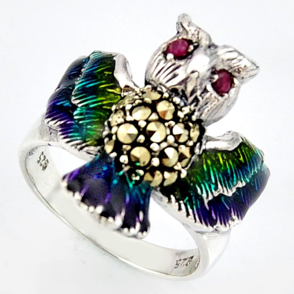 925 silver 0.22cts natural red ruby marcasite enamel owl ring size 6.5 c5809