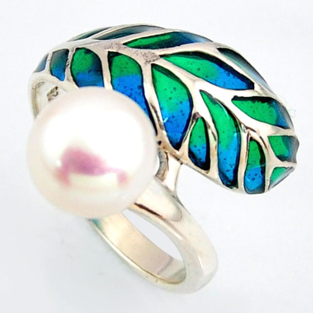 4.68cts natural white pearl enamel 925 sterling silver ring size 7.5 c5817
