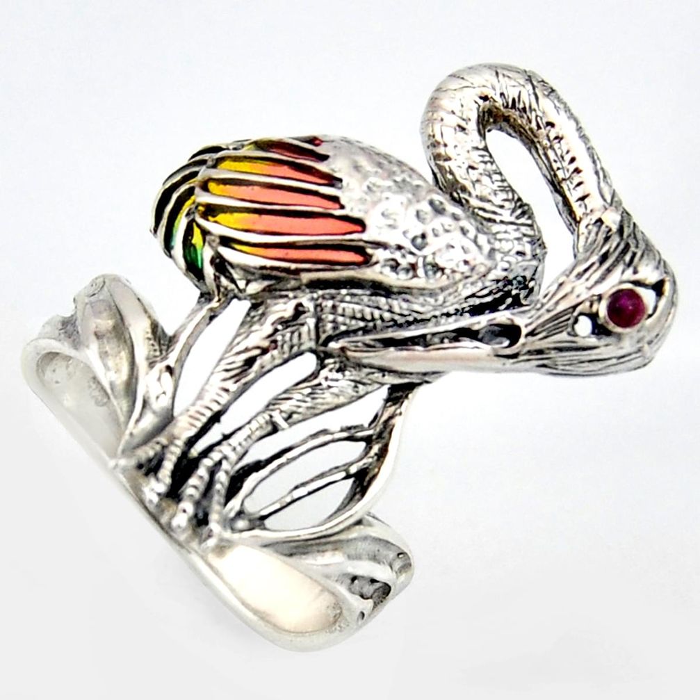 0.11cts natural red ruby enamel 925 silver flamingo ring jewelry size 8.5 c5824