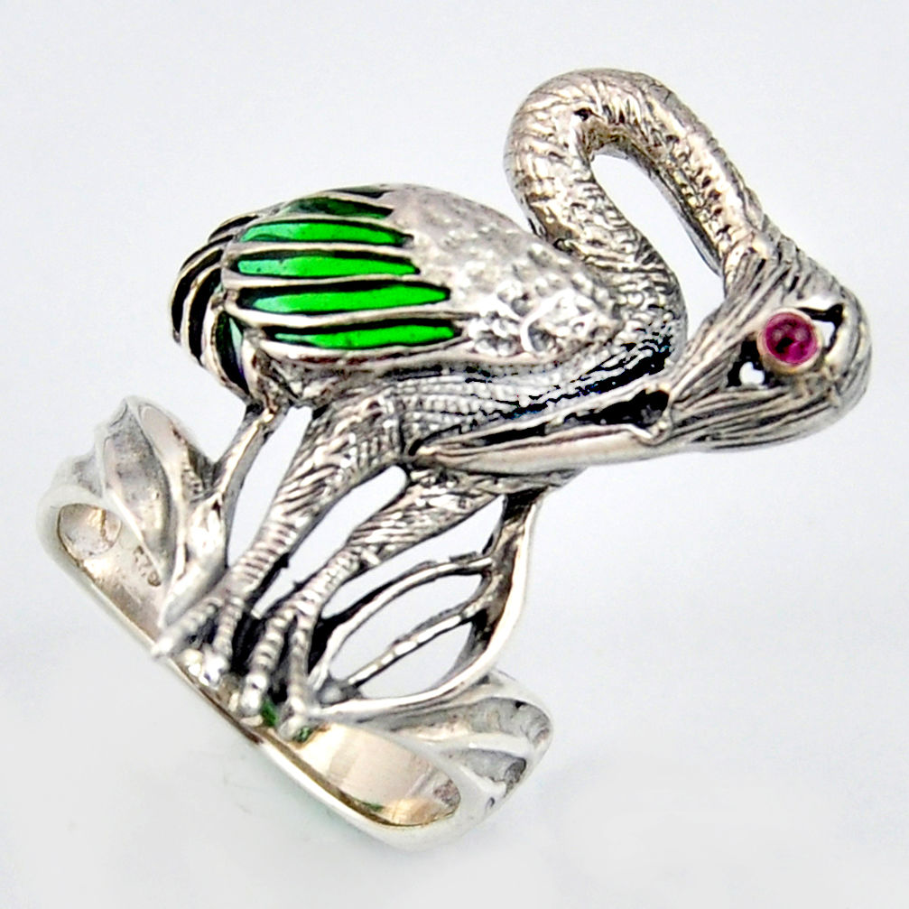 0.11cts natural red ruby enamel 925 sterling silver flamingo ring size 7.5 c5831