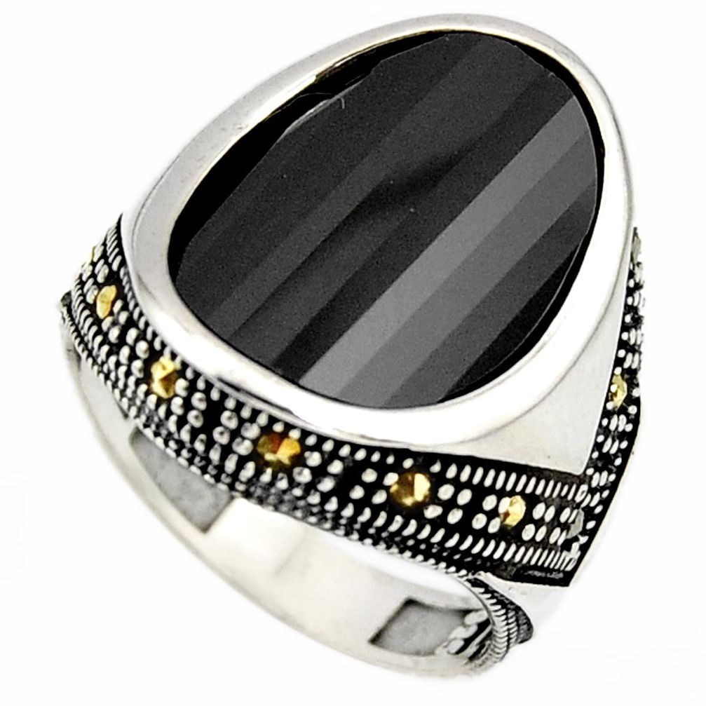 925 silver 13.04cts natural black onyx marcasite mens ring size 8.5 c6064