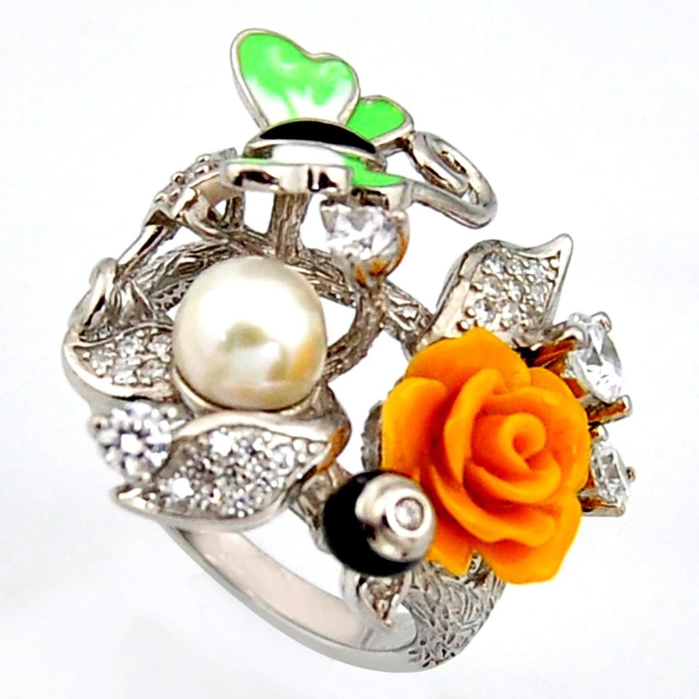 4.01cts natural white pearl topaz enamel 925 silver flower ring size 6.5 c6122