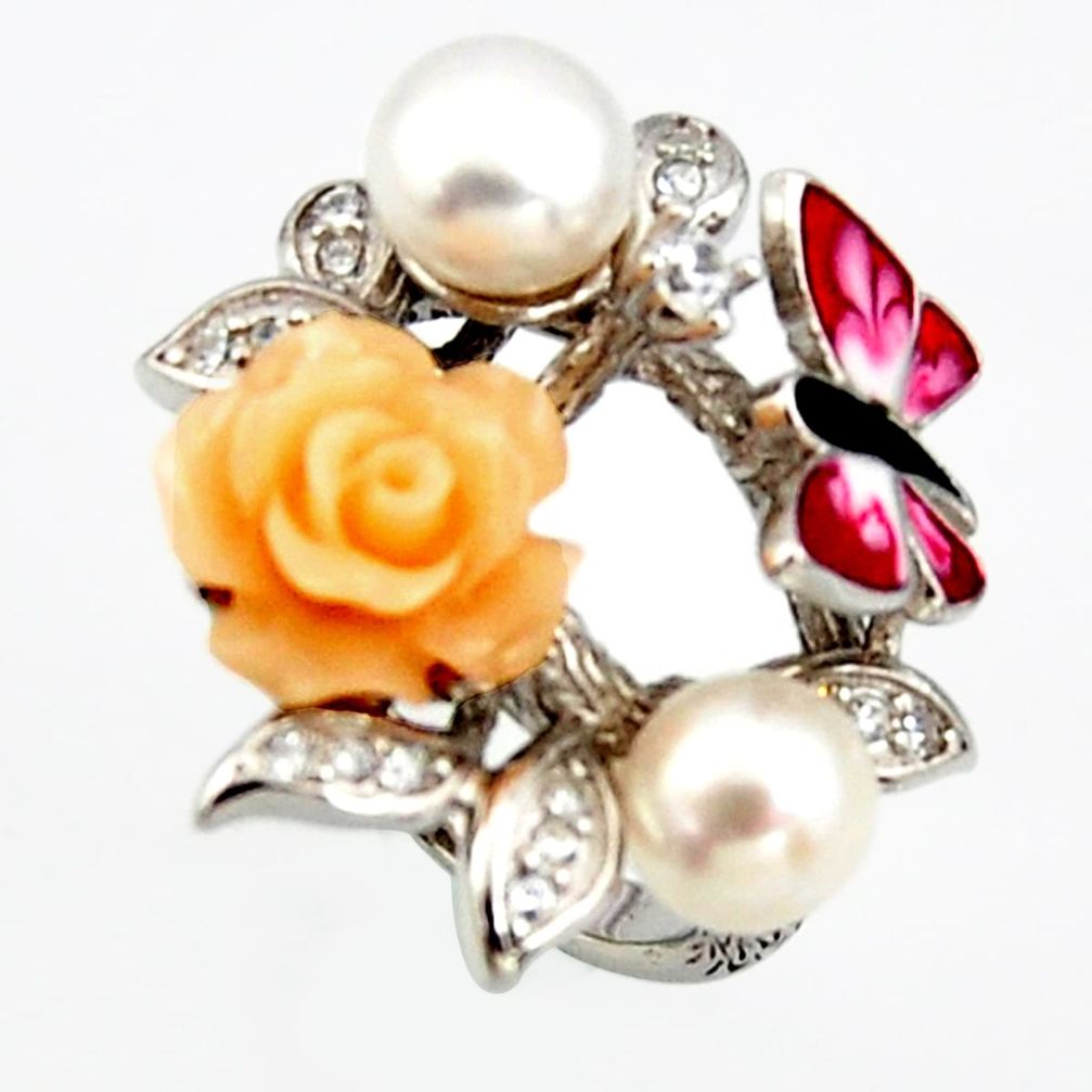 5.62cts natural white pearl topaz enamel 925 silver flower ring size 6.5 c6130