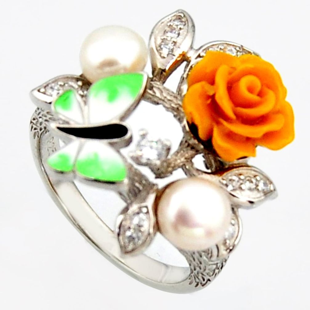 5.79cts natural white pearl topaz enamel 925 silver flower ring size 8 c6132