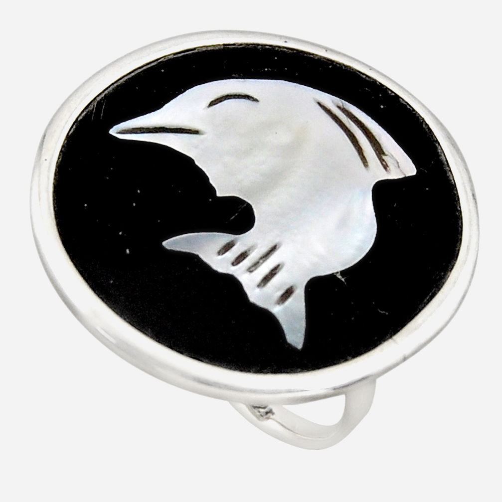 925 sterling silver 12.19cts natural cameo on shell dolphin ring size 7 c6144