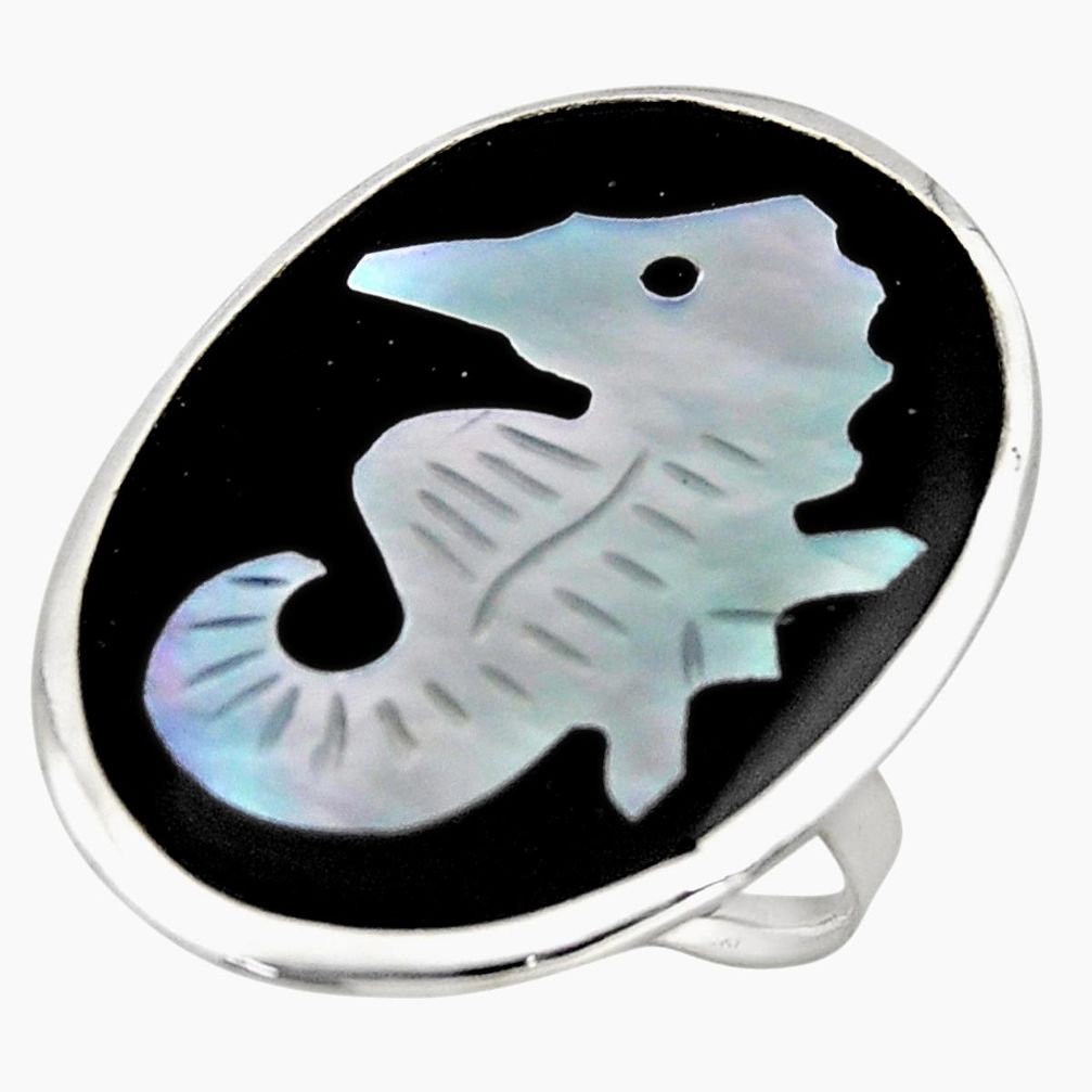 12.66cts natural cameo on shell 925 sterling silver seahorse ring size 7 c6153