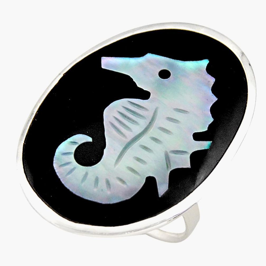 12.66cts natural cameo on shell 925 sterling silver seahorse ring size 9 c6156