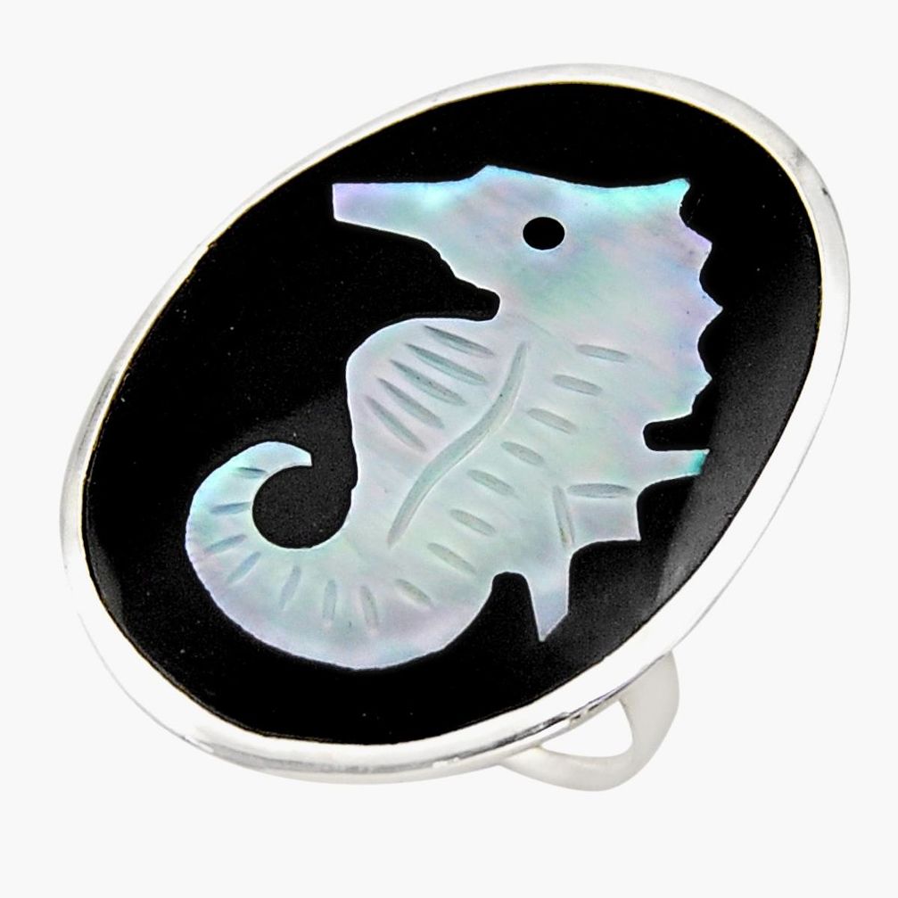 925 sterling silver 12.71cts natural cameo on shell seahorse ring size 9 c6157