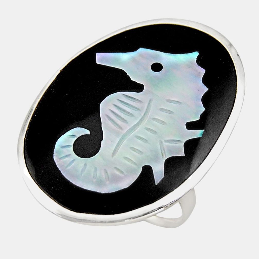925 sterling silver 12.19cts natural cameo on shell seahorse ring size 7.5 c6160