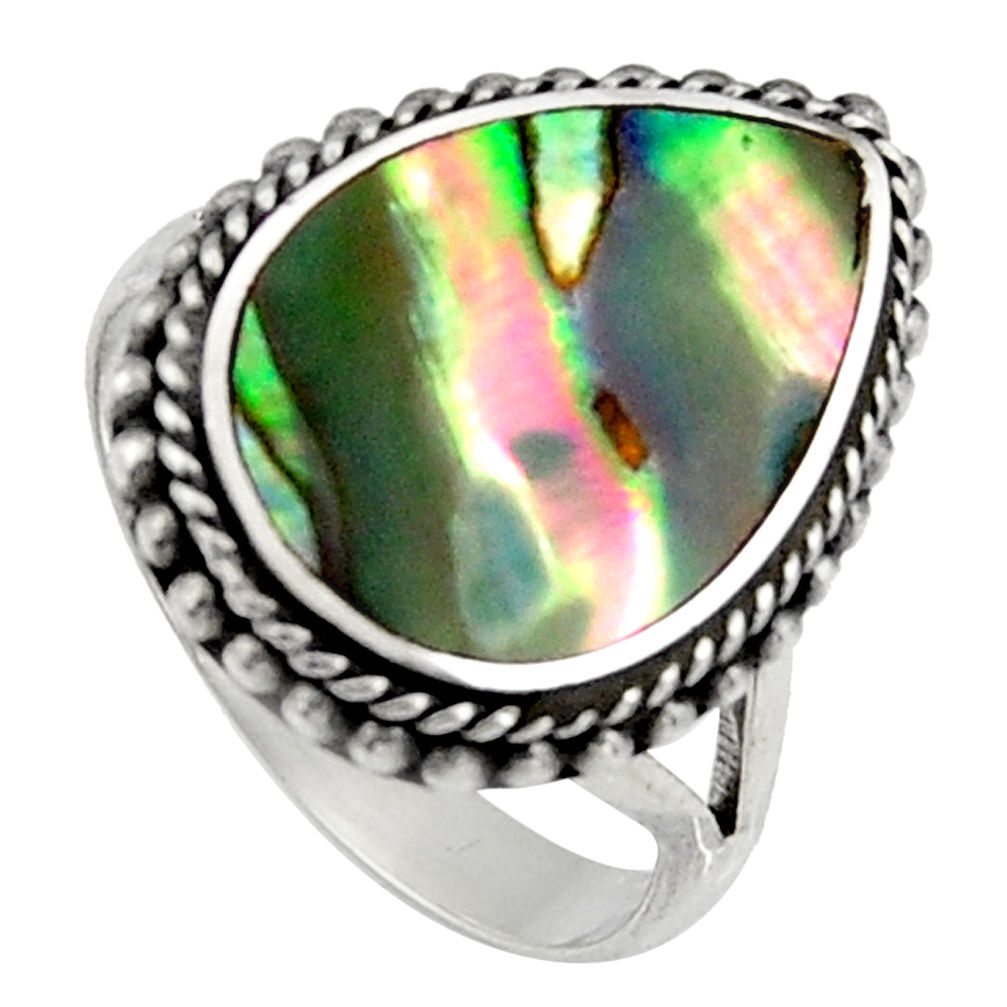 6.08cts natural abalone paua seashell 925 silver solitaire ring size 6.5 c6262