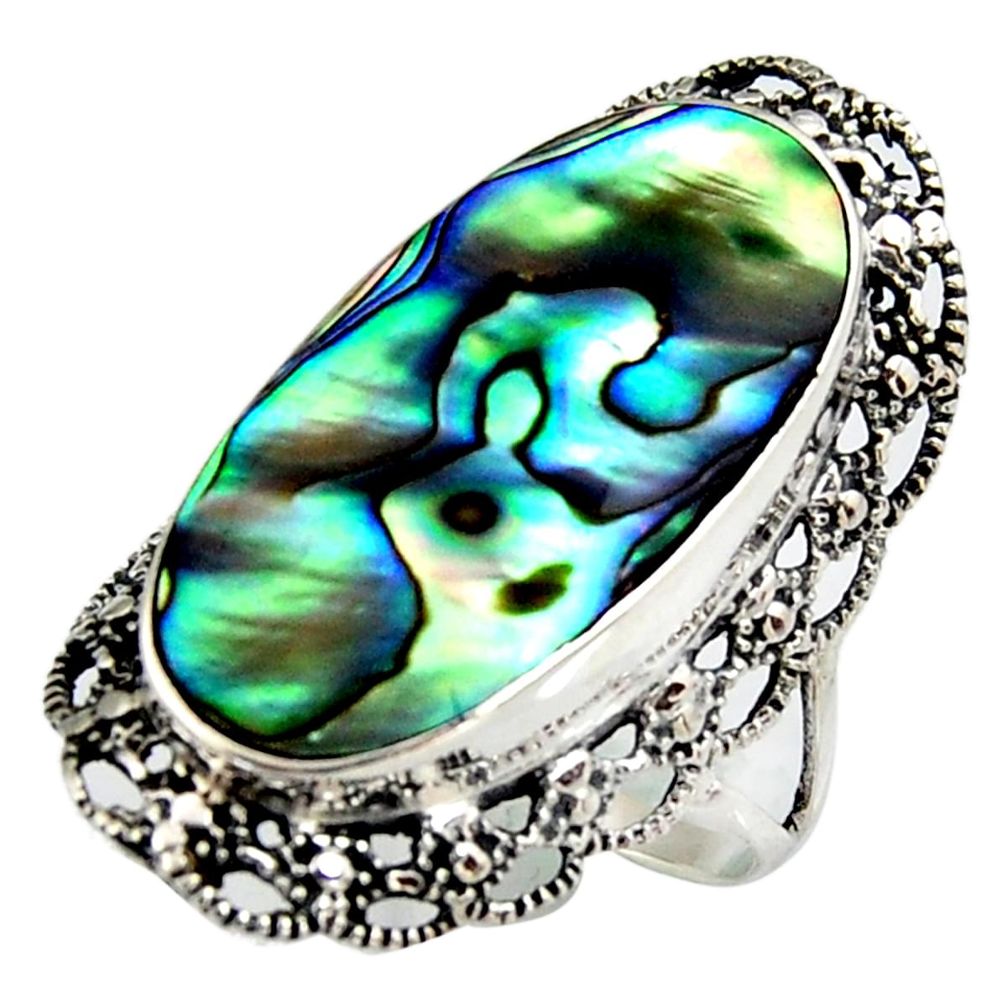 925 silver 11.21cts natural abalone paua seashell solitaire ring size 9.5 c6354