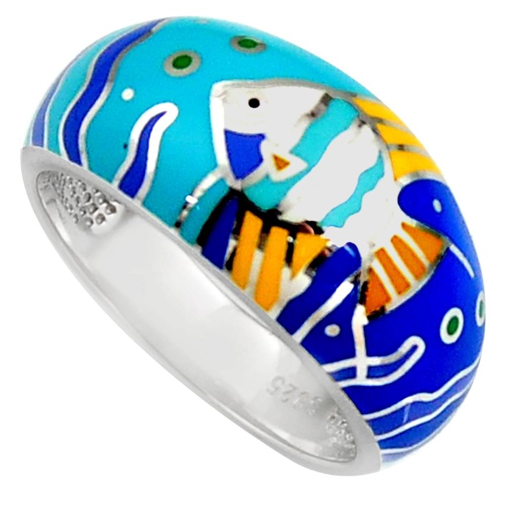 6.69gms multi color enamel 925 sterling silver fish ring jewelry size 9 c6528