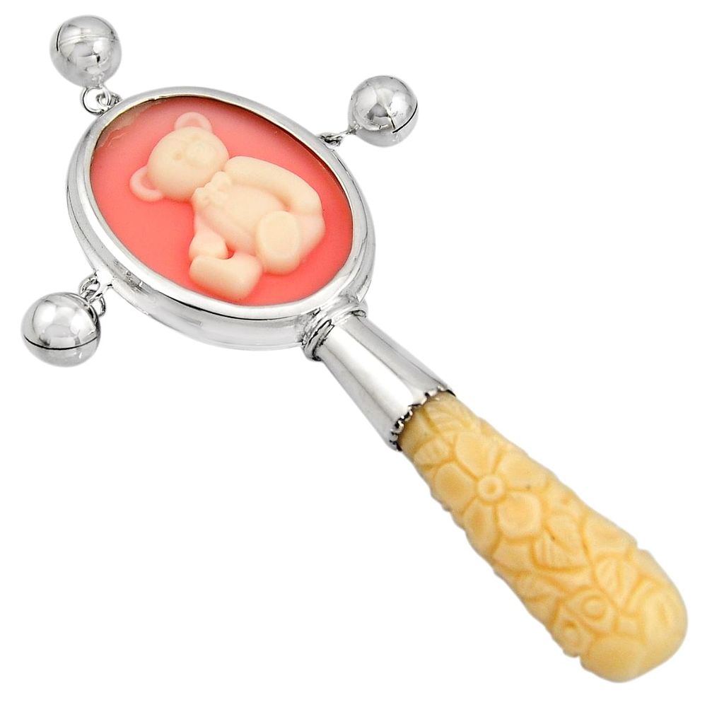 33.70cts white teddy bear cameo white coral 925 sterling silver rattle c6921