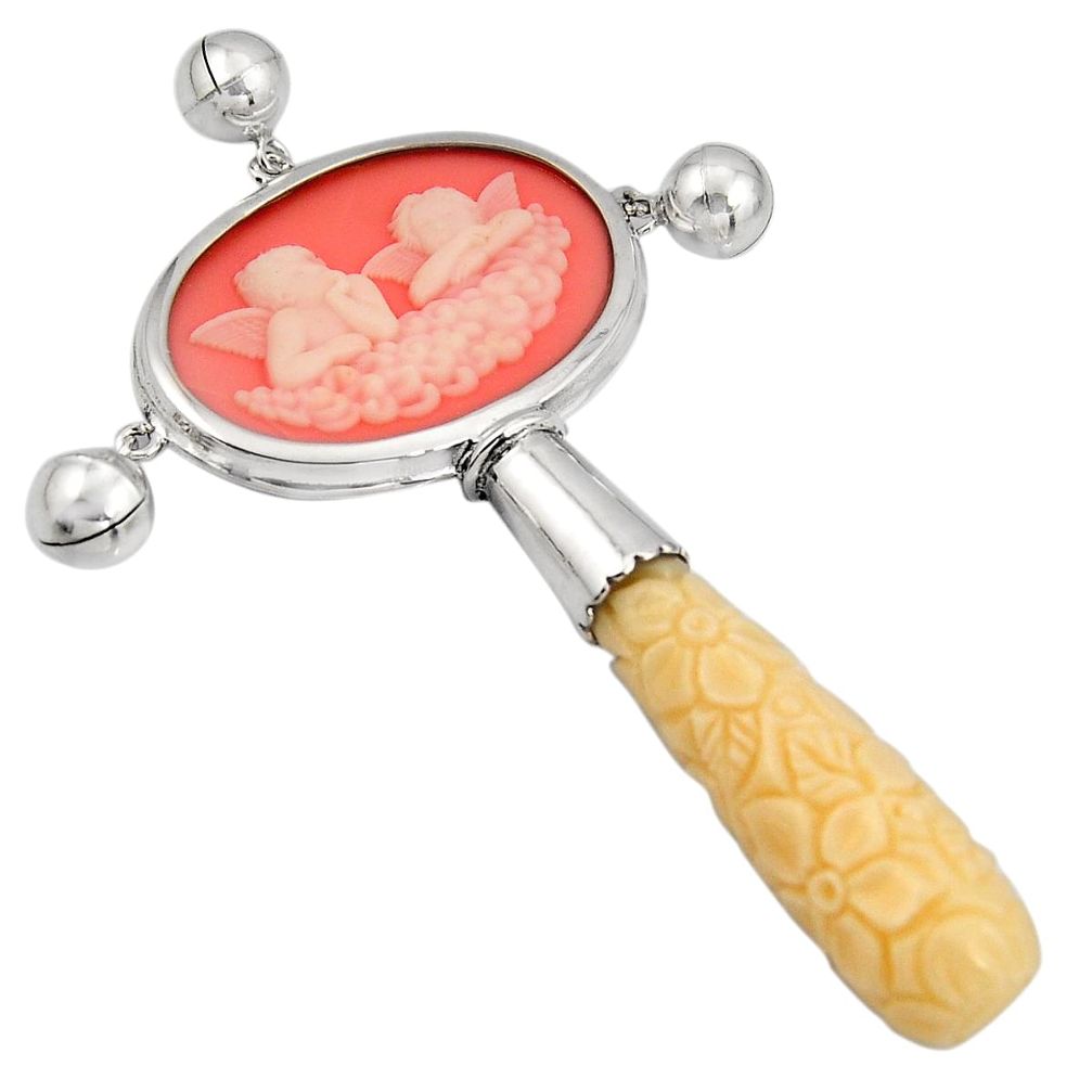 31.72cts white two baby wing cameo coral 925 sterling silver rattle c6930