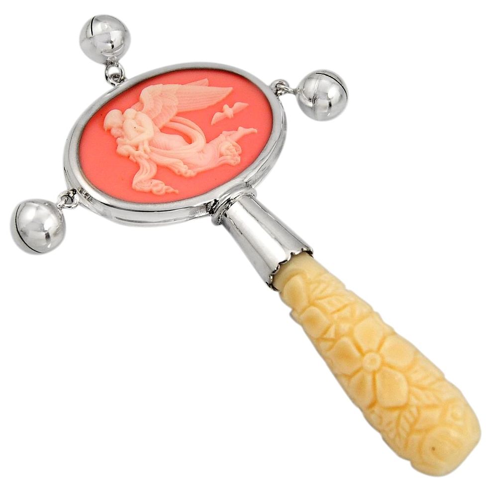 32.57cts white mother baby love cameo coral 925 sterling silver rattle c6937