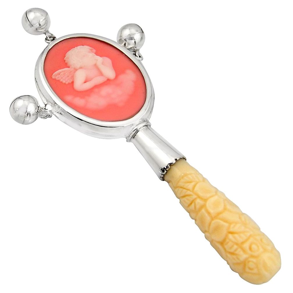 925 sterling silver 34.23cts white baby wing cameo coral rattle jewelry c6939