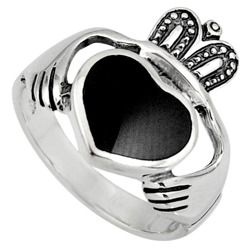 Black onyx silver crown heart irish celtic claddagh ring size 12 c7021