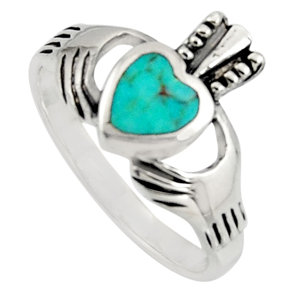 Irish celtic claddagh ring fine green turquoise crown heart ring size 8.5 c7037