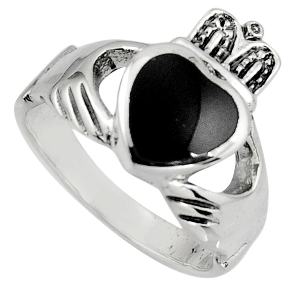 Irish celtic claddagh natural black onyx 925 silver heart ring size 9.5 c7041