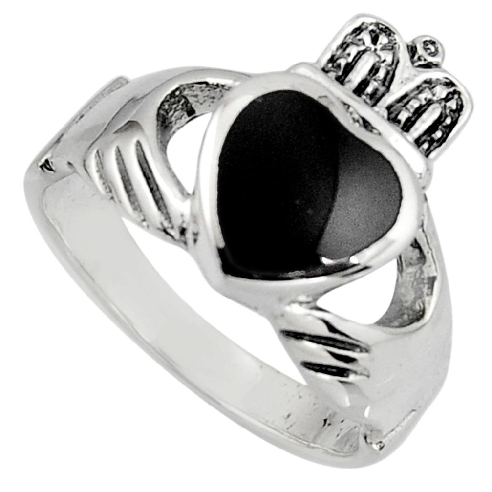 Irish celtic claddagh natural black onyx 925 silver heart ring size 7.5 c7043