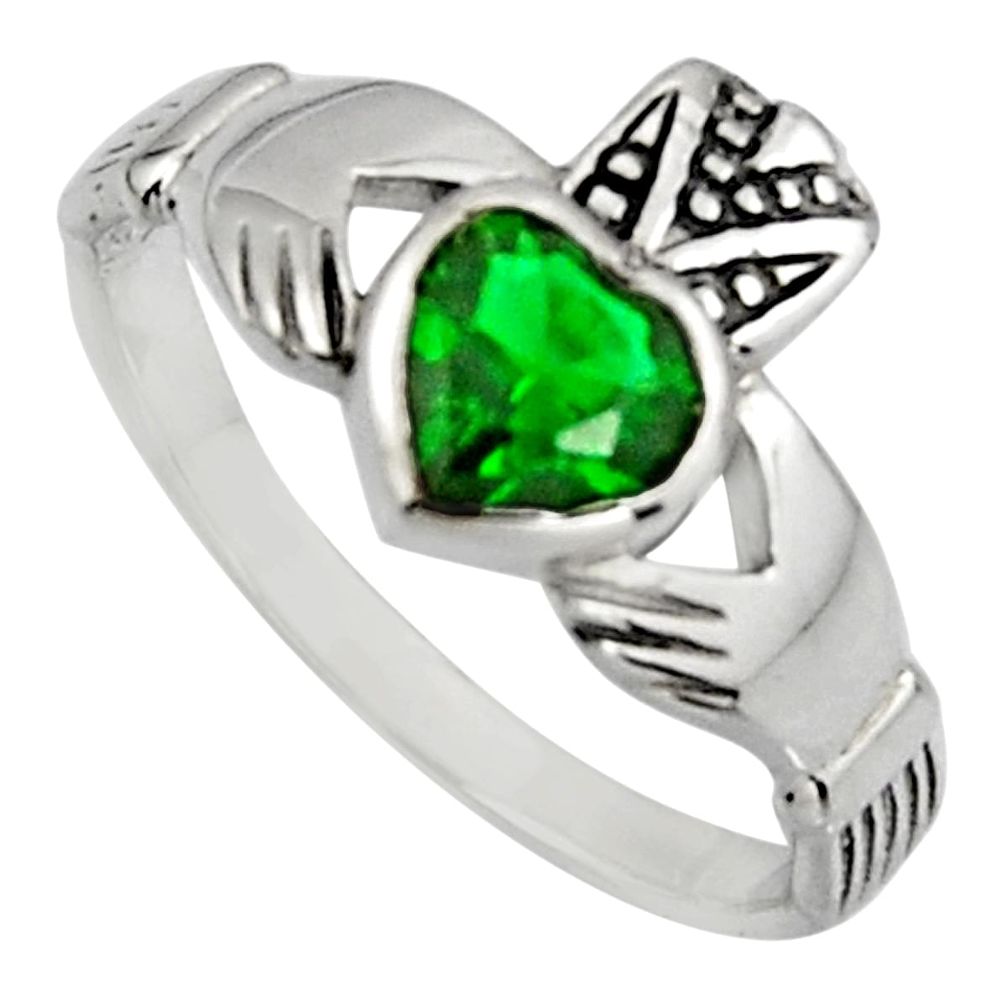 Irish celtic claddagh green emerald (lab) 925 silver heart ring size 8 c7044