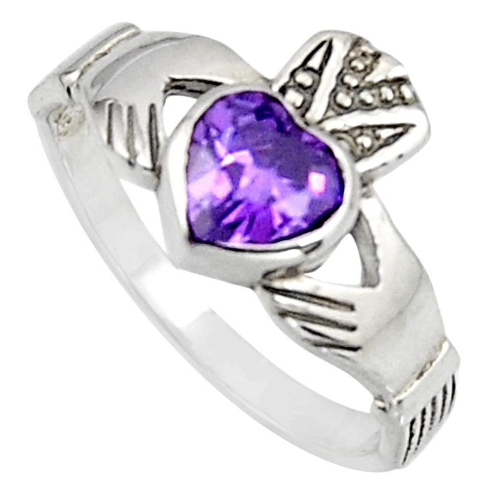 Irish celtic claddagh purple amethyst quartz silver heart ring size 6.5 c7049