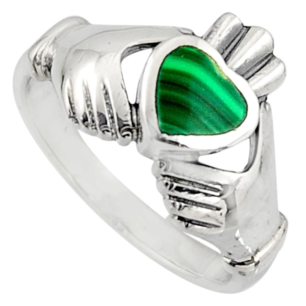 Irish celtic claddagh natural green malachite 925 silver heart ring size 8 c7058